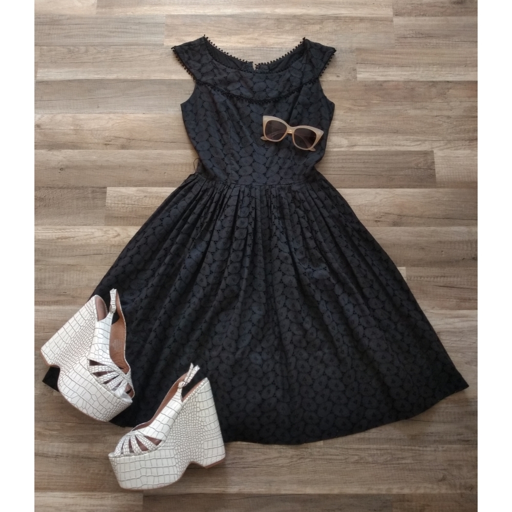 50s Jerry Gilden Vintage Black Belted Eyelet Lace Day Dress Small